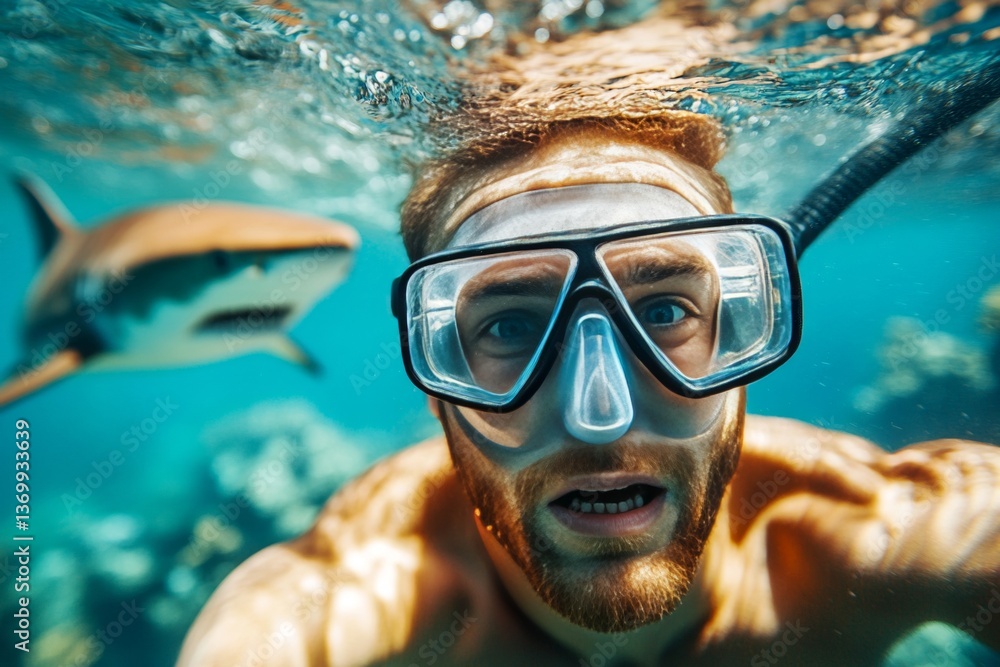 Man in toxic waters. Risky deep-sea swimming. Dangerous reef sharks and fear and horror adult man swims among the corals. Oceanic danger zone. Encounter with aggressive shark while snorkeling. Man in toxic waters. Risky deep-sea swimming. Dangerous reef sharks and fear and horror adult man swims among the corals. Oceanic danger zone. Encounter with aggressive shark while snorkeling.