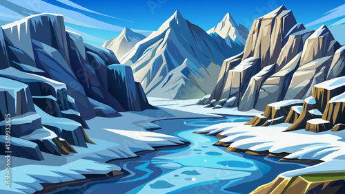 Snow Covered Mountain Cliffs with a frozen river below