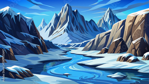 Snow Covered Mountain Cliffs with a frozen river below
