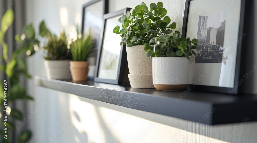 Fototapeta premium A floating shelf with potted plants and framed pictures, adding style to a wall.