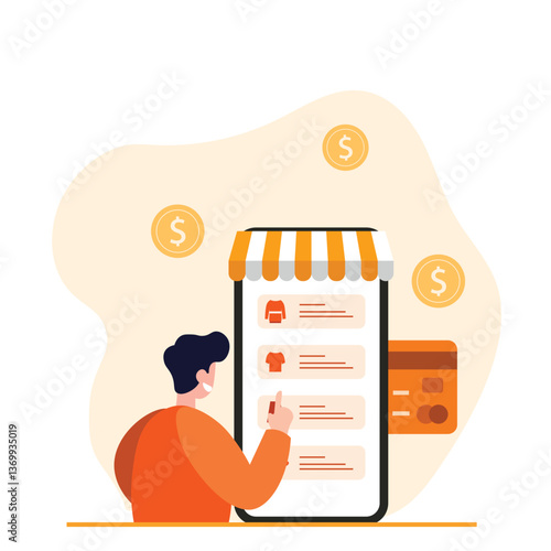 man shopping online via mobile phone. man choosing goods online. cashless shopping. someone paying for something via a shopping app.
