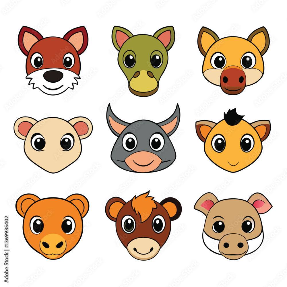 Fototapeta premium Funny vector animal character collection with cute cartoon pet faces