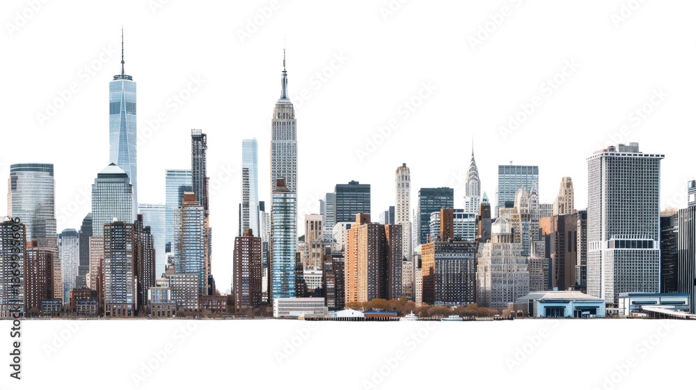 New York City Skyline: A panoramic view of the iconic New York City skyline, showcasing a range of towering skyscrapers, emblematic of urban landscapes and architectural feats.