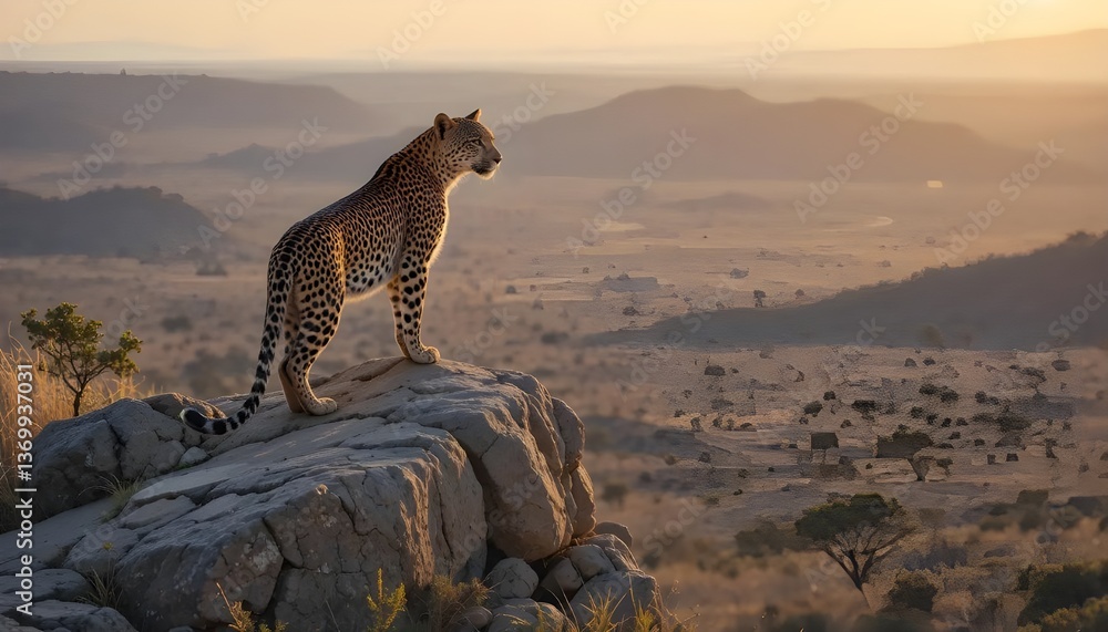 Obraz premium Cheetah standing on rock watching savanna landscape at sunset