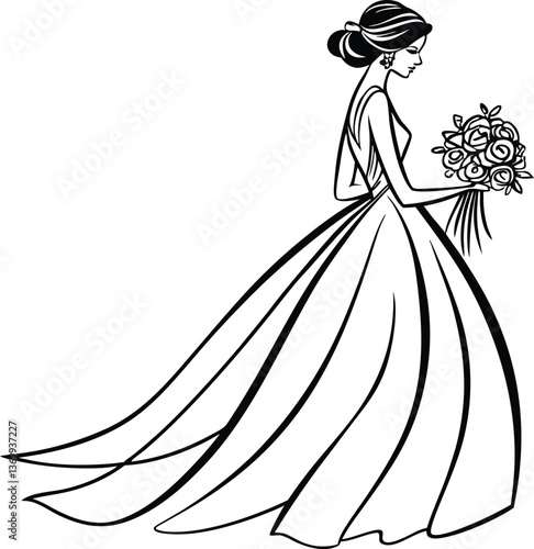 Bride and groom with wedding bouquet vector silhouette art coloring page