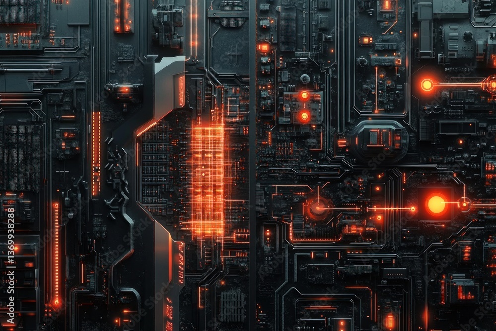 Fototapeta premium Complex network of circuitry with vibrant glowing lines and shapes creates a captivating visual of futuristic technology in a dark setting