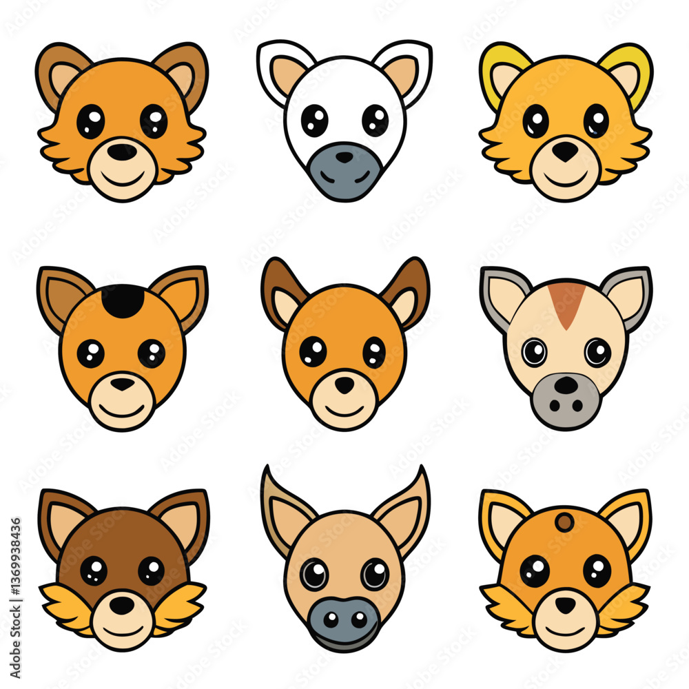 Cartoon animal faces: a funny vector collection of baby pet icons including cats, dogs, bears, rabbits, pigs, foxes, pandas, lions, cows Cartoon animal faces: a funny vector collection of baby pet icons including cats, dogs, bears, rabbits, pigs, foxes, pandas, lions, cows
