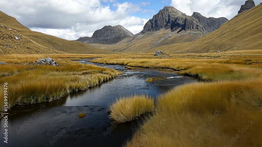 Majestic mountain range with golden grasslands and a winding river in a serene valley during a cloudy day Majestic mountain range with golden grasslands and a winding river in a serene valley during a cloudy day