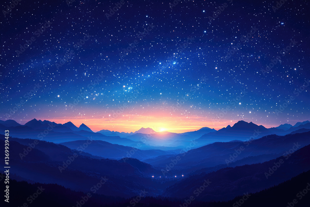 A breathtaking view of a mountain range at sunrise, illuminated by a stunning display of stars in the night sky. A breathtaking view of a mountain range at sunrise, illuminated by a stunning display of stars in the night sky.