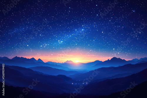 A breathtaking view of a mountain range at sunrise, illuminated by a stunning display of stars in the night sky.