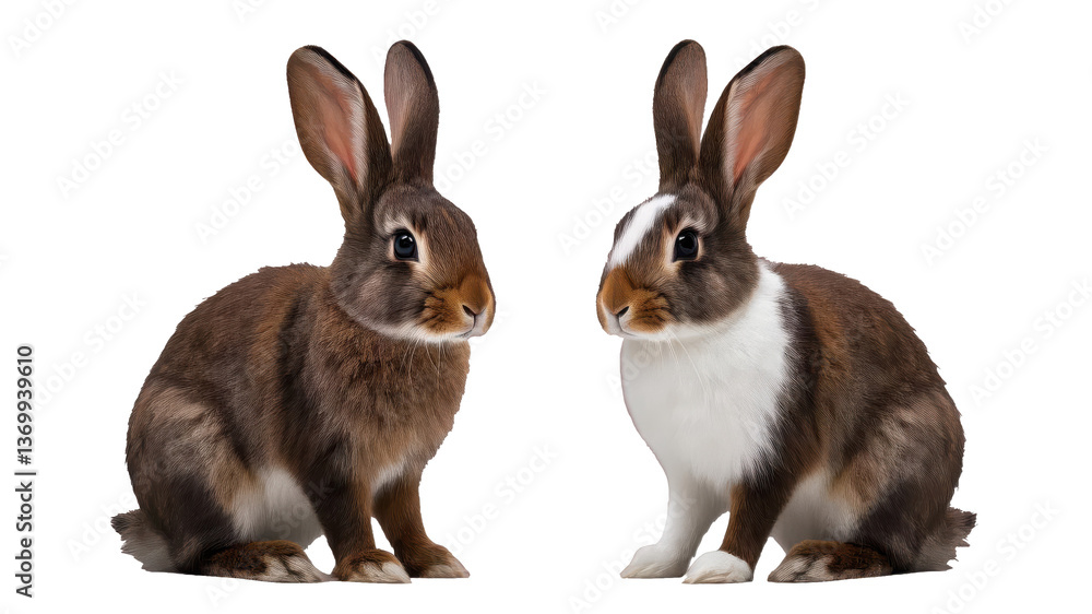 Two rabbits, one brown and one brown and white, are featured against a transparent bakground Two rabbits, one brown and one brown and white, are featured against a transparent bakground