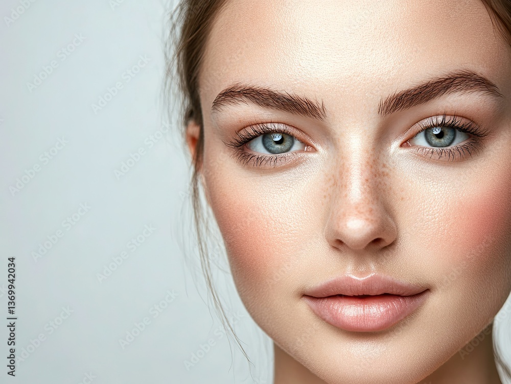 Close-up portrait with clear and smooth skin on the face and neck, looking directly at the lens, on a white background, showing elegance and beauty, perfect for commercial use. Close-up portrait with clear and smooth skin on the face and neck, looking directly at the lens, on a white background, showing elegance and beauty, perfect for commercial use.