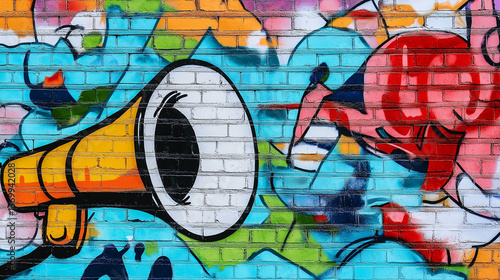 Pop art comic street graffiti with Megaphone on brick wall.