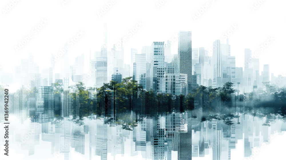 Fototapeta premium Cityscape Reflections: A blurred, dreamlike cityscape with high-rise buildings mirrored in serene water, blending a sense of urban dynamism with tranquility.