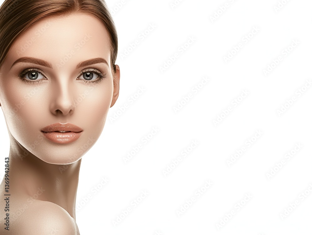 Naklejka premium Close-up portrait with clear and smooth skin on the face and neck, looking directly at the lens, on a white background, showing elegance and beauty, perfect for commercial use.