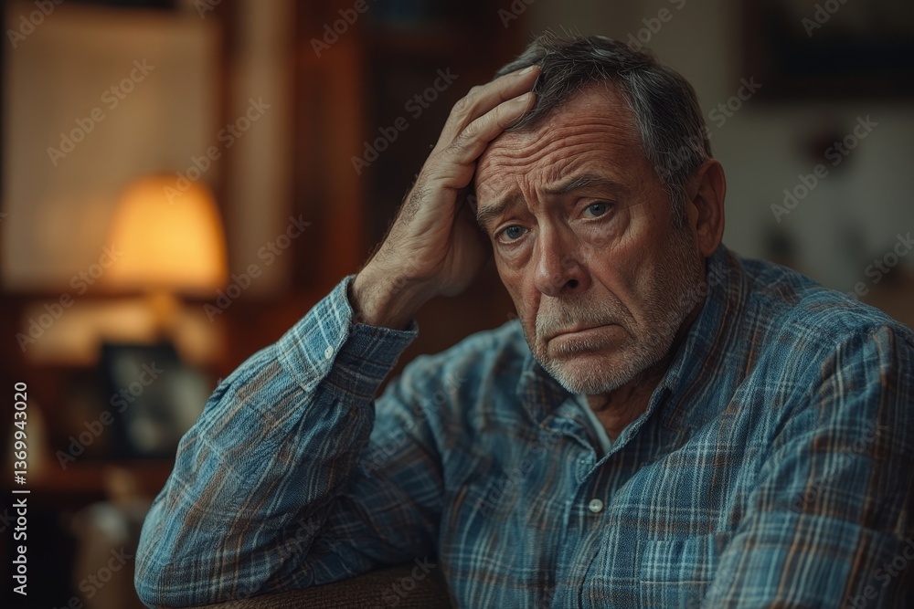 Frustrated unhealthy senior mature man touching head, having painful feelings sitting alone at home. Unhappy middle aged retired grandfather suffering Frustrated unhealthy senior mature man touching head, having painful feelings sitting alone at home. Unhappy middle aged retired grandfather suffering