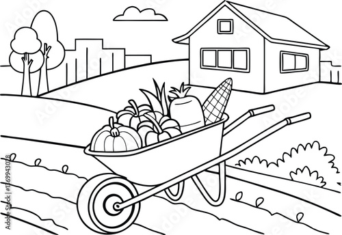 vegitabls with wheelbarrow of house drawing coloring page