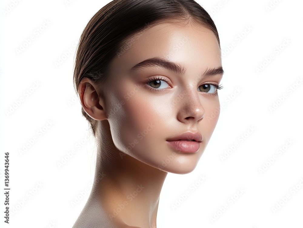 Close-up portrait with clear and smooth skin on the face and neck, looking directly at the lens, on a white background, showing elegance and beauty, perfect for commercial use. Close-up portrait with clear and smooth skin on the face and neck, looking directly at the lens, on a white background, showing elegance and beauty, perfect for commercial use.