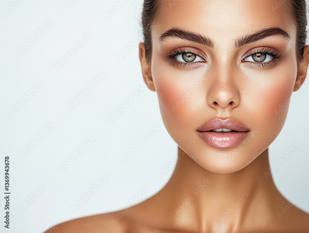 Close-up portrait with clear and smooth skin on the face and neck, looking directly at the lens, on a white background, showing elegance and beauty, perfect for commercial use. Close-up portrait with clear and smooth skin on the face and neck, looking directly at the lens, on a white background, showing elegance and beauty, perfect for commercial use.