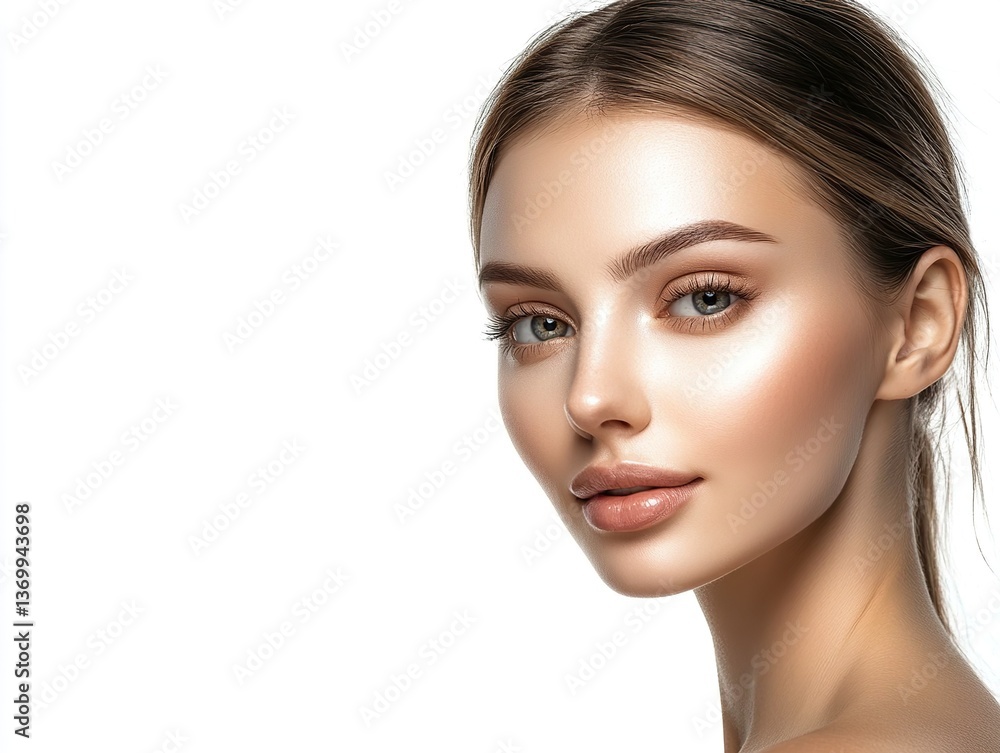 Obraz premium Close-up portrait with clear and smooth skin on the face and neck, looking directly at the lens, on a white background, showing elegance and beauty, perfect for commercial use.