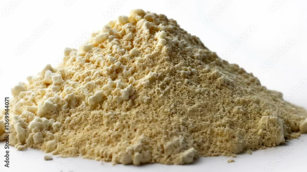 Powdered substance in a small mound displayed on a clean surface representing a common ingredient used in cooking and baking Powdered substance in a small mound displayed on a clean surface representing a common ingredient used in cooking and baking