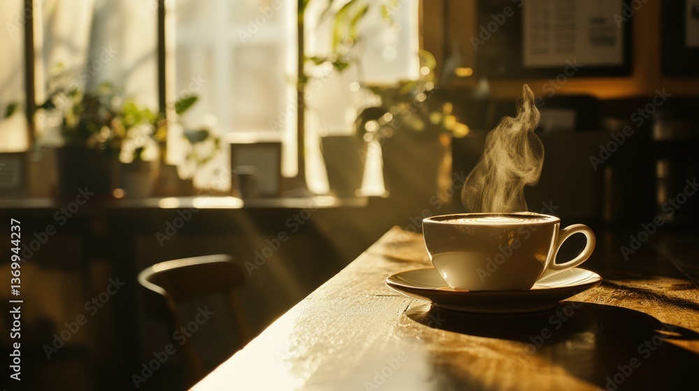 Obraz premium A steaming cup of coffee in a cozy cafÃ© setting, with soft morning light.