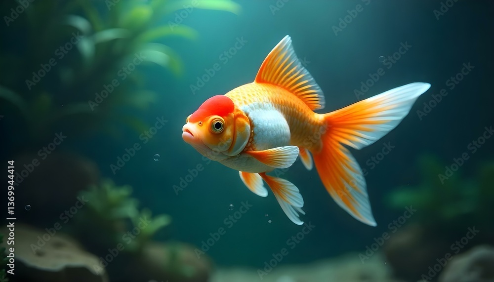 A digital art image shows a goldfish in an aquarium. The goldfish is orange and white, and it is swimming in the center of the image A digital art image shows a goldfish in an aquarium. The goldfish is orange and white, and it is swimming in the center of the image