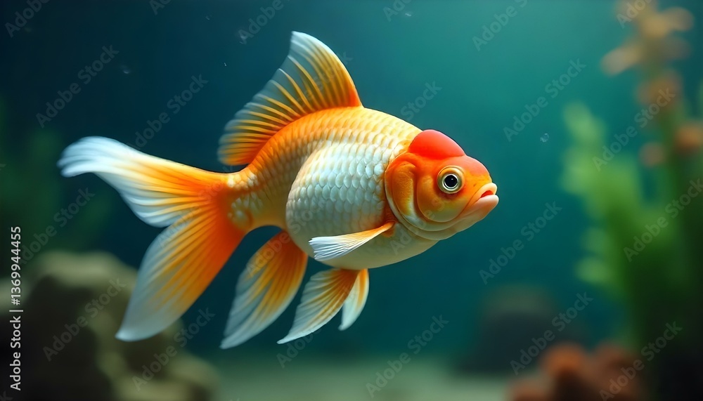 A digital art image shows a goldfish in an aquarium. The goldfish is orange and white, and it is swimming in the center of the image A digital art image shows a goldfish in an aquarium. The goldfish is orange and white, and it is swimming in the center of the image