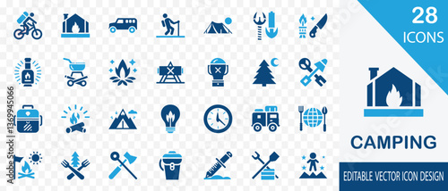 Camping and outdoor icon flat vector set. containing Adventure, Nature, Travel, Campfire, Fire, Backpack and more vector illustration. 