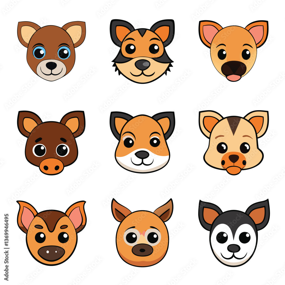 Fototapeta premium Funny animal cartoon character vector illustration set with cute cat, dog, rabbit, and bear faces