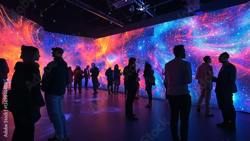 Vibrant digital art installation with silhouettes of people interacting in a colorful immersive space