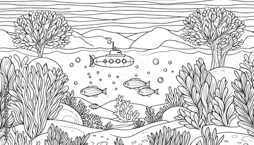 Coloring pages submarine and underwater scenery