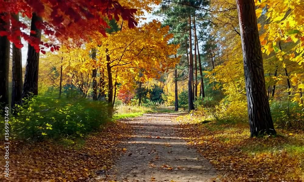 Serene autumn pathway through vibrant orange and red foliage in a tranquil forest setting Serene autumn pathway through vibrant orange and red foliage in a tranquil forest setting