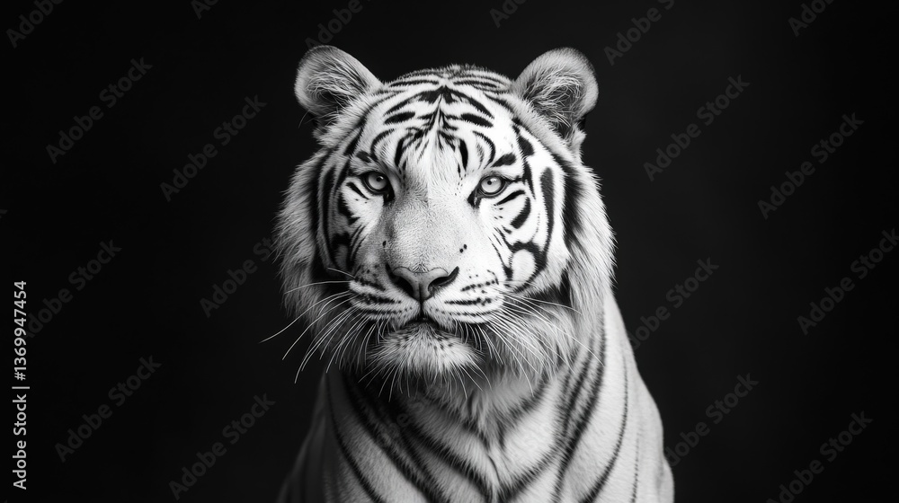 Fototapeta premium Striking black and white portrait of a white tiger. Intense gaze meets the viewer against a stark, dramatic background