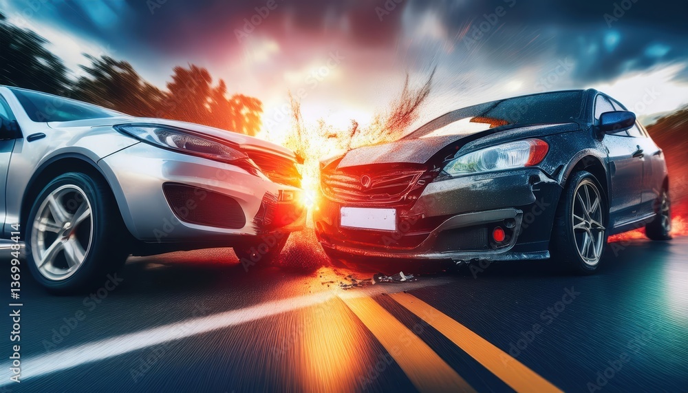 Fototapeta premium Two cars collide at high speed on a highway causing significant damage and chaos during a dramatic moment in the evening light