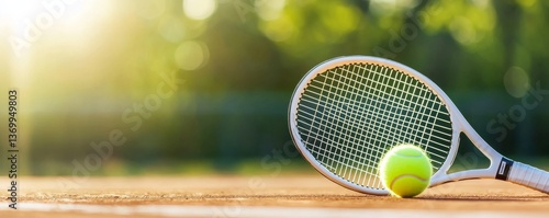 Tennis Racket and Ball on Sunny Clay Court