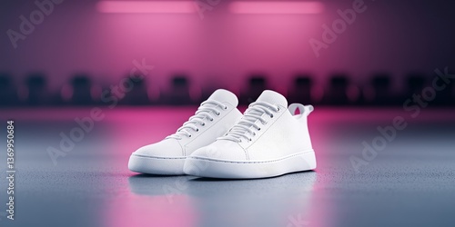 White Textured Sneakers on Reflective Surface with Pink Lighting
