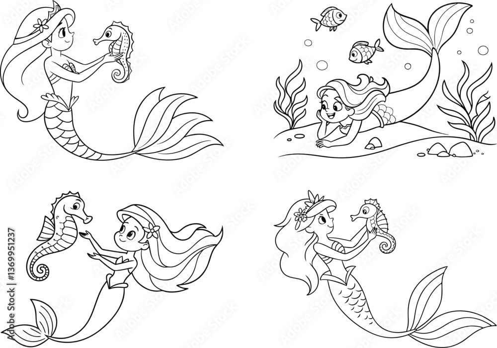 Fototapeta premium a grill mermaid in the underwater world. Coloring book page for kids. Cartoon style. Vector illustration isolated on white background