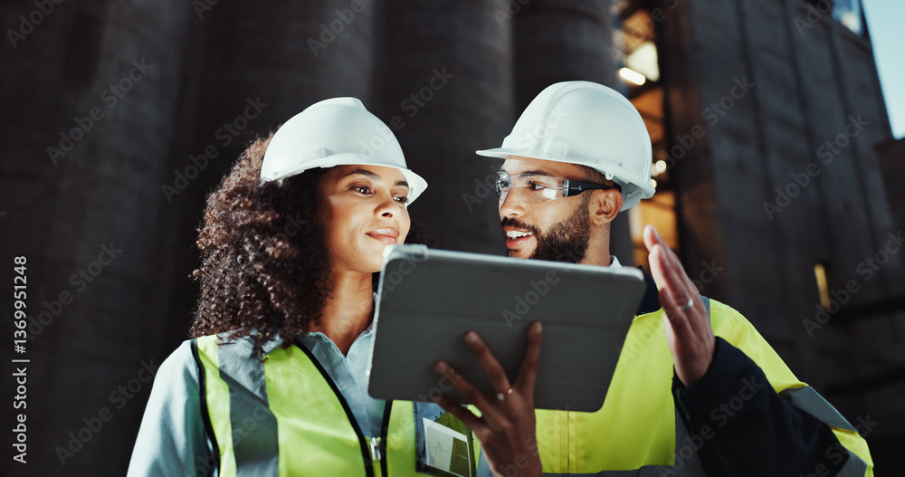 © peopleimages.com - Man, woman and engineer on tablet in city, smile or planning for urban expansion at construction site. People, architect and touchscreen at night, team and app for infrastructure inspection in Brazil
