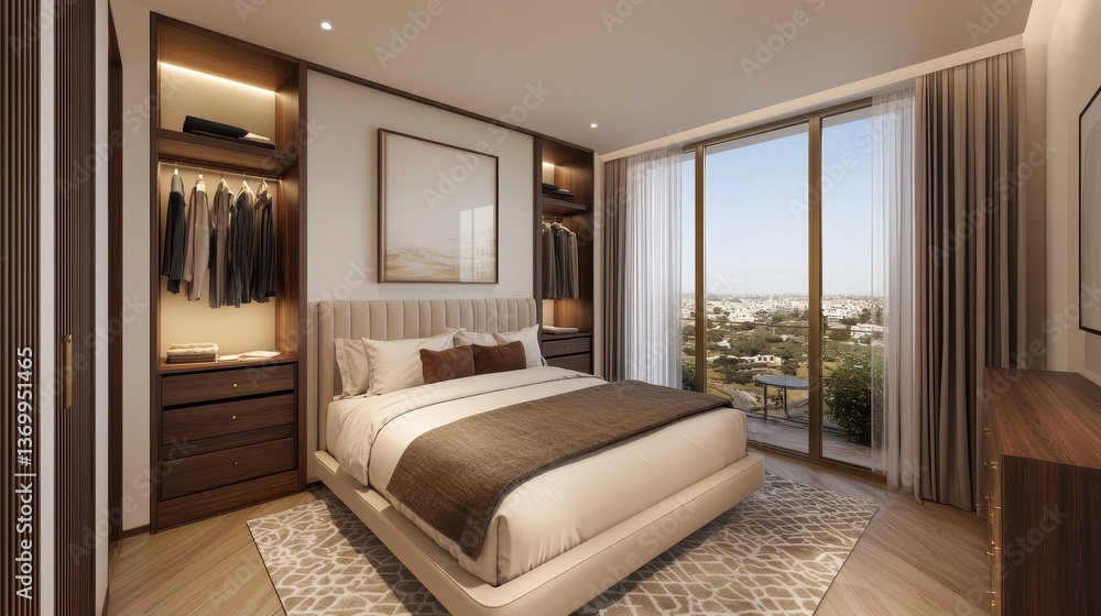 Fototapeta premium Modern Bedroom Interior Design with City View and Elegant Decor