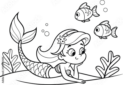 a grill mermaid in the underwater world. Coloring book page for kids. Cartoon style. Vector illustration isolated on white background