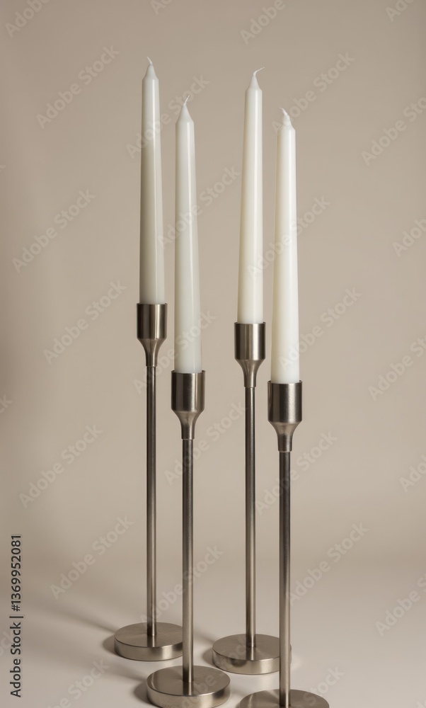 Elegant metallic candleholders with white candles on a neutral background Elegant metallic candleholders with white candles on a neutral background