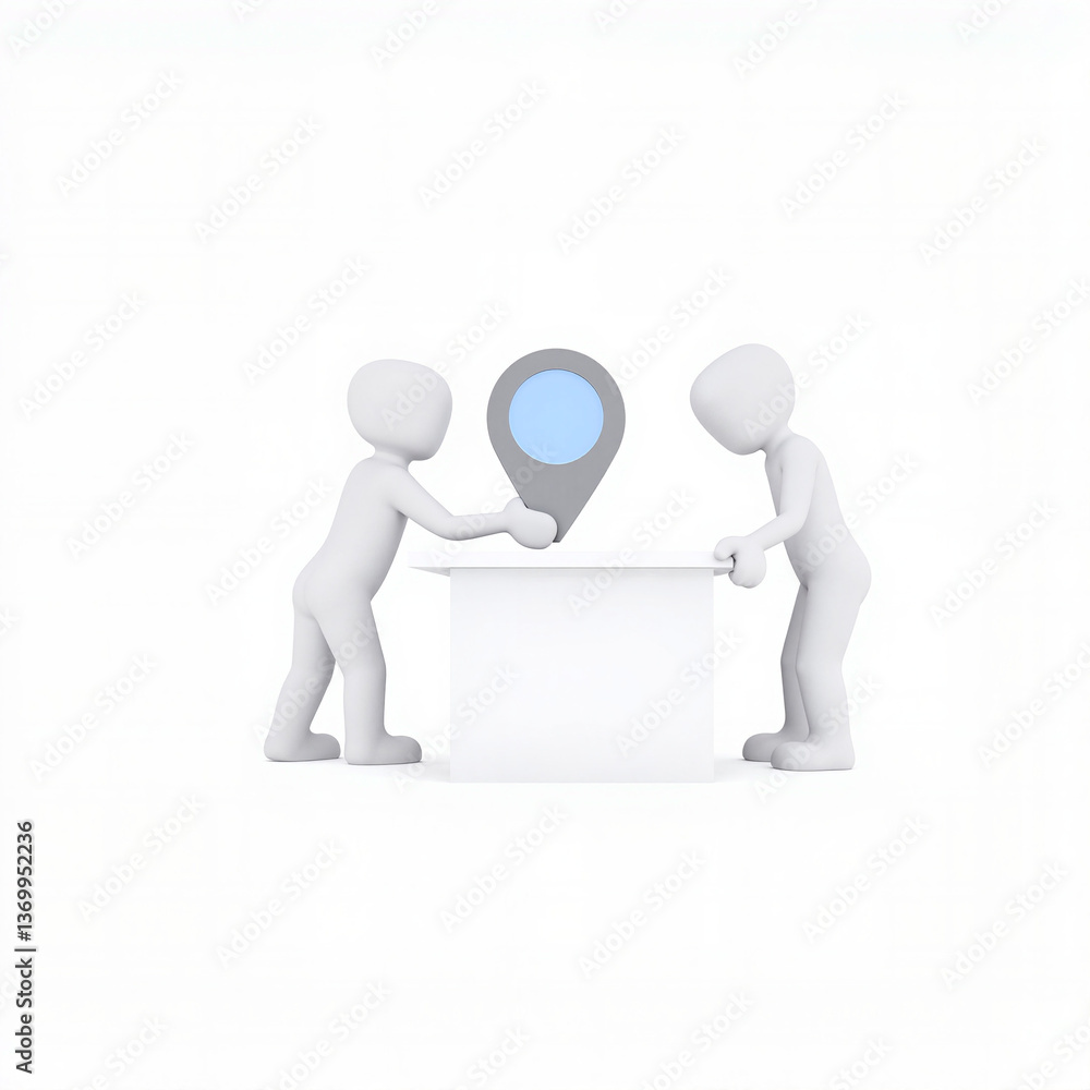 Two figurines collaborating on a task with a location marker Two figurines collaborating on a task with a location marker