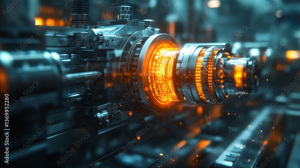 Industrial machinery with glowing components operates in a high-tech environment during the evening hours Industrial machinery with glowing components operates in a high-tech environment during the evening hours