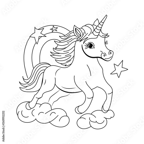 Unicorn line fpr coloring book for children, fairy-tale animal coloring page for kid, sketch doodle