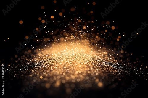 Golden glitter explosion on black background for celebration and festive designs, sparkling effect