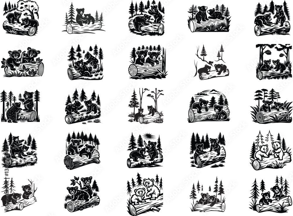 Obraz premium Black Bear Cubs on log Vector