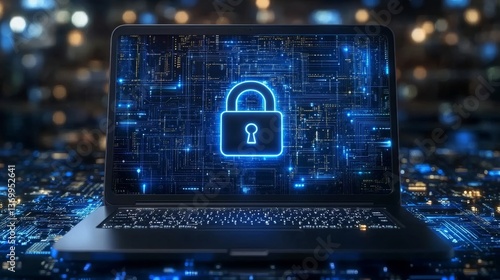Digital security concept with glowing lock symbol on laptop screen surrounded by circuit patterns at night
