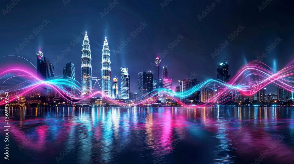 Obraz premium Stunning Kuala Lumpur skyline illuminated at night with vibrant neon lights.