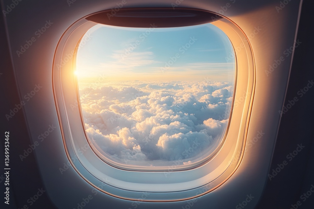 Close-up view reveals fluffy white clouds under a bright sky as sunlight pierces through the airplane window during a morning flight Close-up view reveals fluffy white clouds under a bright sky as sunlight pierces through the airplane window during a morning flight